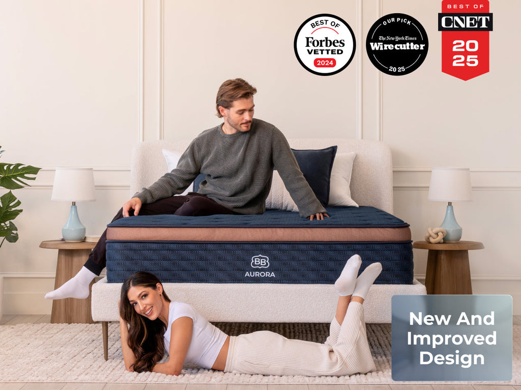 Two people on a mattress with certification badges and product features displayed.