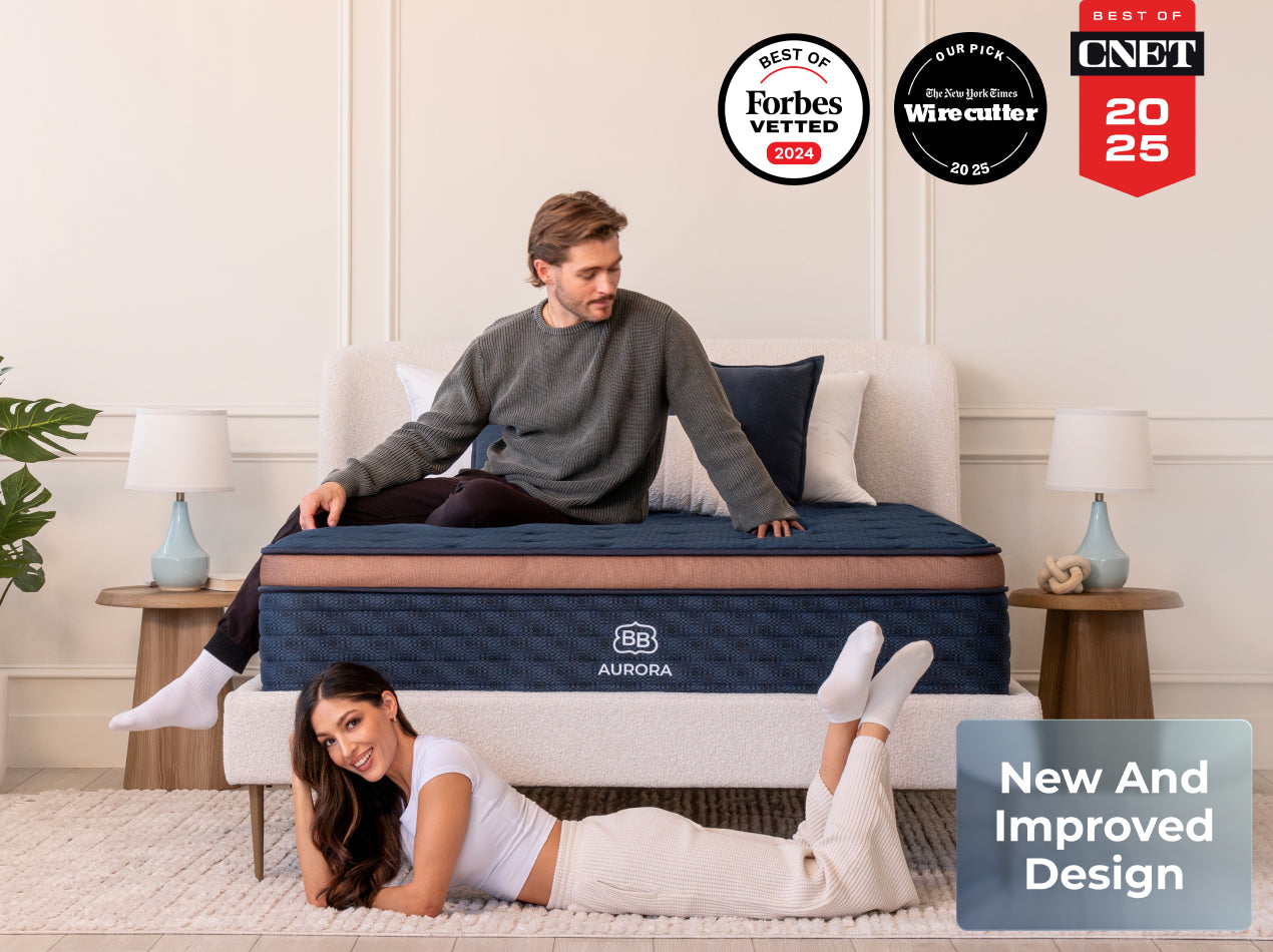 Two people on a mattress with certification badges and product features displayed.