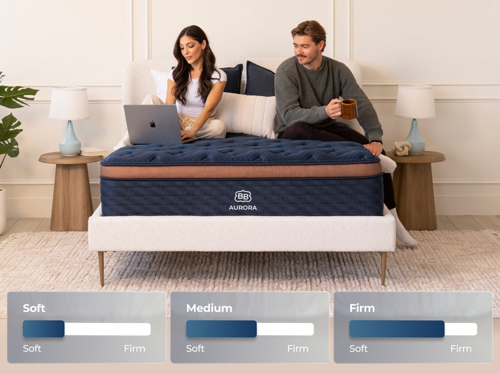 Two adults sit on the Brooklyn Bedding Aurora Luxe Cooling mattress above Soft, Medium, and Firm scale graphics.