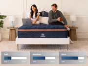 Two adults sit on the Brooklyn Bedding Aurora Luxe Cooling mattress above Soft, Medium, and Firm scale graphics.