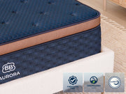Close-up of the Brooklyn Bedding Aurora Luxe Cooling mattress with Fiberglass Free, GREENGUARD Gold, and CertiPUR-US icons.