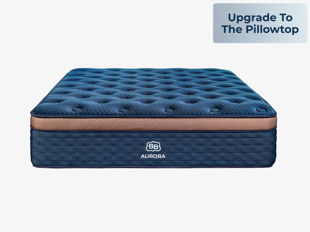 Front view of the Brooklyn Bedding Aurora Luxe Cooling pillow top mattress with upgrade text in the corner.