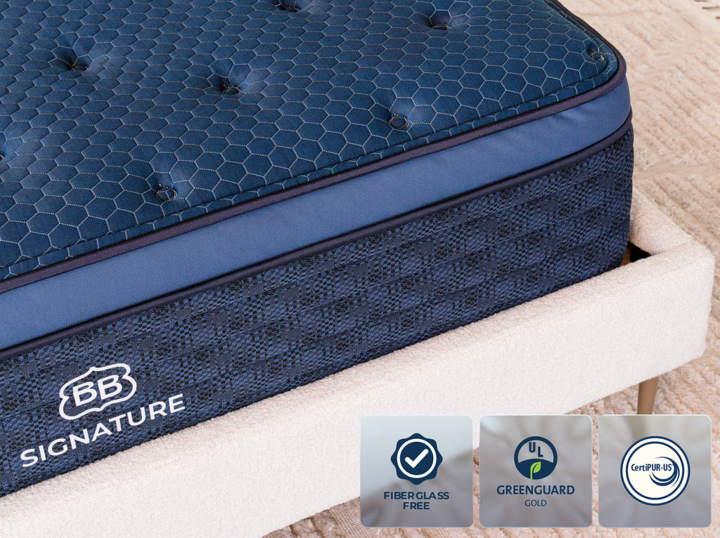 Signature Hybrid mattress corner detail with certifications