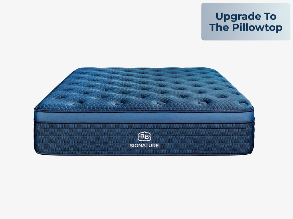 Close-up of the Brooklyn Bedding Signature Hybrid pillow top surface with Upgrade To The Pillowtop text in the upper right.